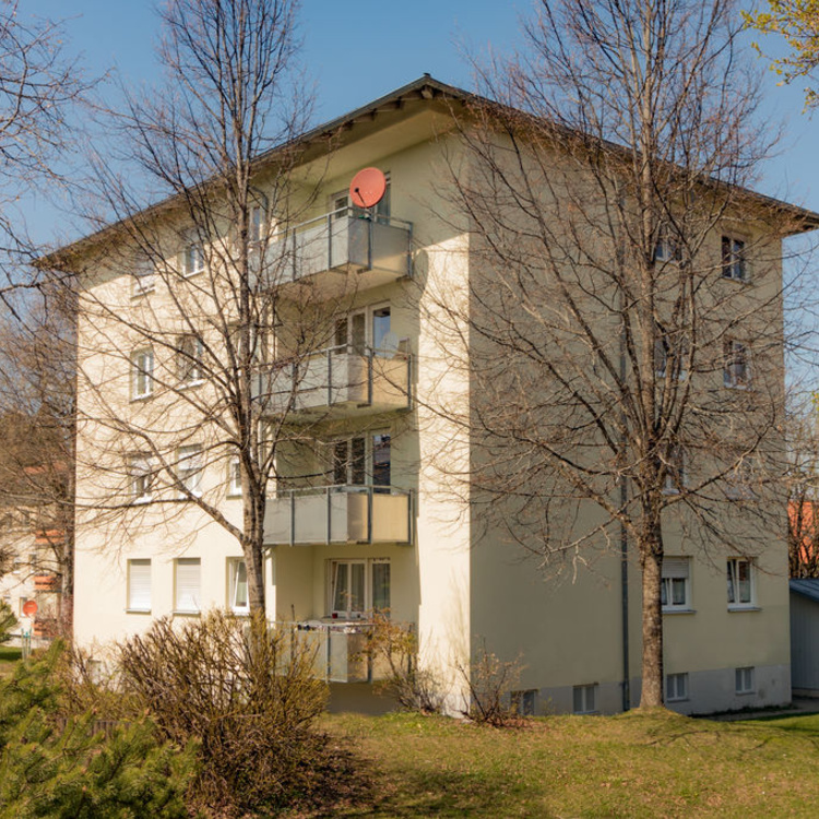 Ein Mehrfamilienhaus hinter Bäumen